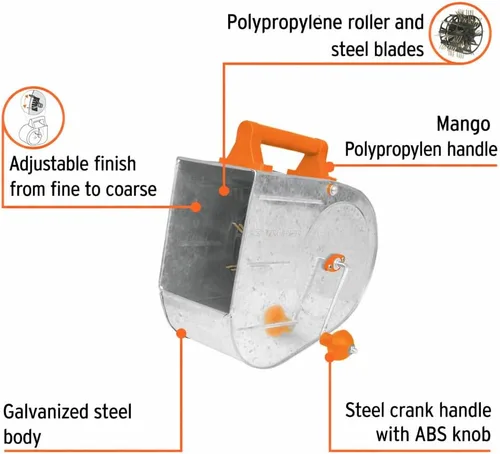 Vista 2 de Truper Aplicador profesional de textura galvanizada, pulverizador de estuco, Tirolera, capacidad de 3,5 L, acabado fino a grueso, mango de manivela