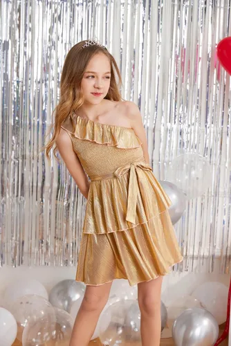 Vista 6 de Danna Belle Vestido de fiesta de verano para niñas, con un hombro, volantes, escalonado, ropa de regalo, tallas 5-14