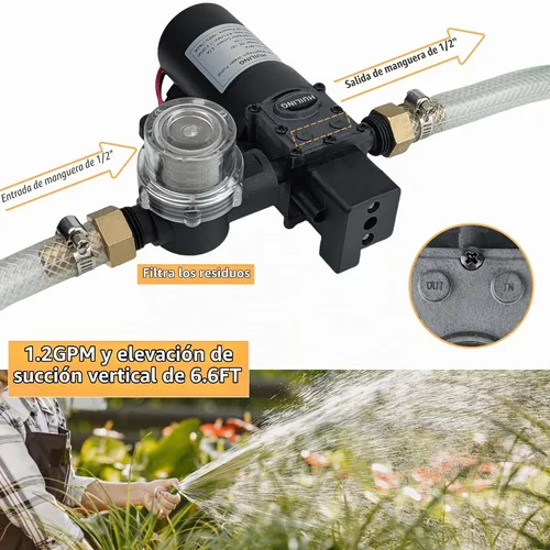 Vista 3 de Bomba de Diafragma DC de 12 V, Bomba Autocebante con Filtro, Terminal de Conexión Rápida, Bomba de Pulverización Ajustable con Interruptor