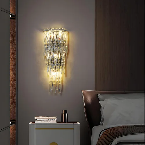 Vista 8 de Apliques de pared, modernos apliques de pared de cristal para interiores, lámpara de pared cromada de lujo, lámpara de pared K9 con gotas de cristal