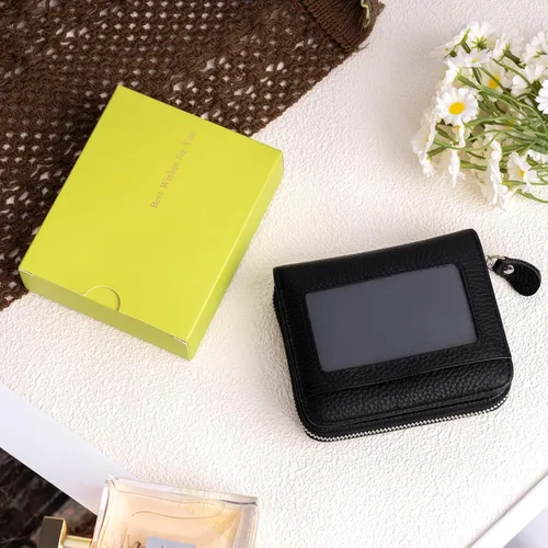 Vista 7 de XINNSTAR Billetera pequeña genuina para mujer, tarjetero delgado con bloqueo RFID con ventana para identificación, monederos compactos para mujer
