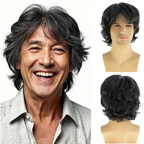 Vista 7 de Peluca marrón corta en capas para hombres, peluca sintética resistente al calor Cosplay pelo Café combinado
