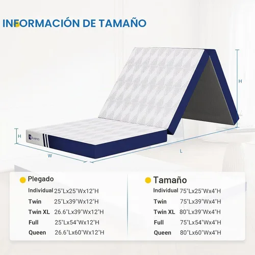 Vista 2 de Avenco Cubrecolchón de triple pliegue, colchón plegable de 4 pulgadas, tamaño individual, espuma viscoelástica plegable con funda extraíble y Azul