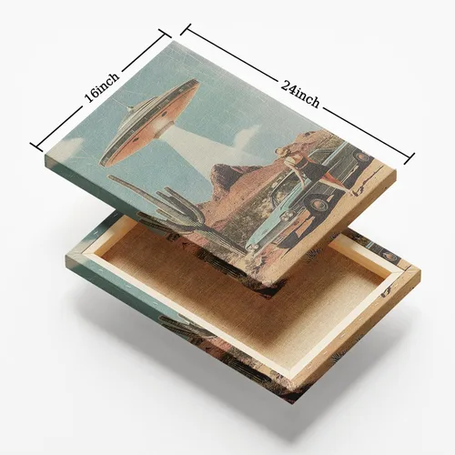 Vista 3 de Lienzo de paisaje del desierto para pared, póster de platillo volador, imagen retro de los años 70, estilo de los años 70, arte de pared vintage