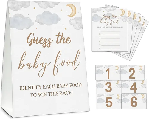 Vista 17 de Guess the Baby Food Party Games, juego de baby shower, 1 letrero de pie + 25 tarjetas de respuesta + 6 tarjetas de números, suministros