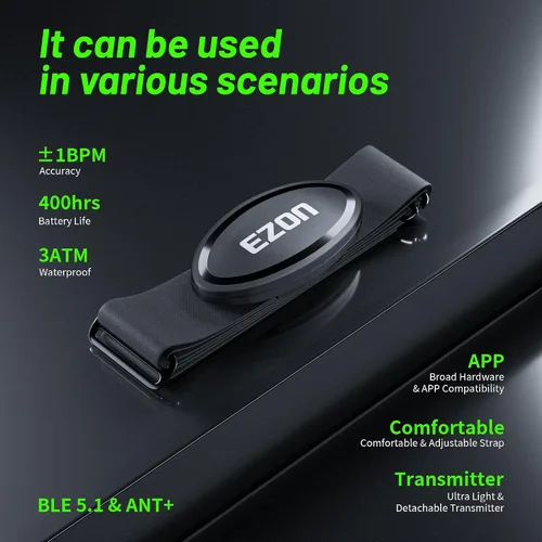 Vista 2 de EZON Heart Rate Monitor Chest Strap, Bluetooth 5.1 & ANT+ Sensor, 3ATM Waterproof, Compatible with Garmin, Wahoo, Polar, Strava for Running