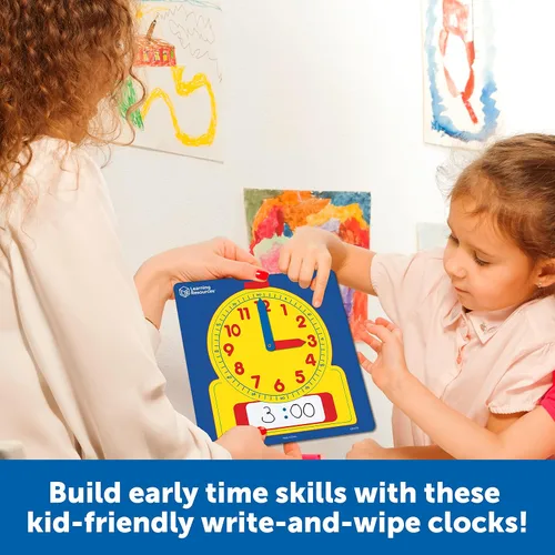 Vista 2 de Learning Resources Write & Wipe Clocks - Juego de 25 piezas, a partir de 6 años, laminado de borrado en seco, ayuda didáctica, suministros