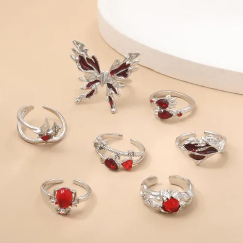 Vista 5 de Juego de anillos de nudillos plateados vintage para mujer, anillo de mariposa roja con piedras preciosas rojas, anillo punk gótico de araña, anillos