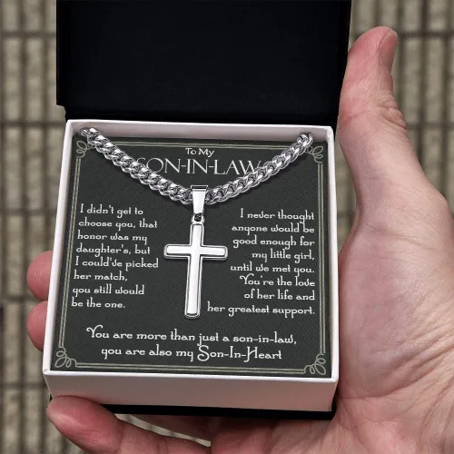 Vista 4 de Collar de cruz con texto en inglés "To My Son In Law de mamá, aniversario de boda de yerno, regalo de cruz de Navidad para yerno, collar de cruz