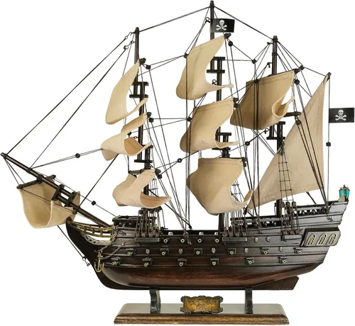 Vista 8 de SAILINGSTORY Modelo de Barco Pirata de Madera Black Pearl Barco de Vela Decoración de Velero 20.5" Velas Antiguas Detalles auténticos artesanales
