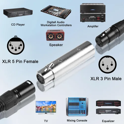 Vista 3 de QIANRENON Adaptador de audio XLR - Convertidor DMX hembra de 5 pines a macho de 3 pines, para micrófono, iluminación de escenario, estación