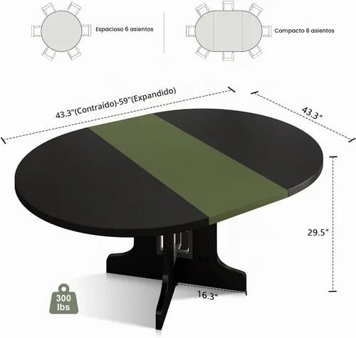 Vista 2 de Feonase Mesa de comedor redonda extensible de 59 pulgadas para 4-6, moderna mesa de cocina ovalada con base de madera resistente, soporte de marco