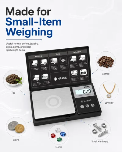 Vista 7 de MAXUS - Báscula de bolsillo digital de gramos 500 g x 0,01 g de alta precisión con bandeja, pesa alimentos pequeños, joyas, onzas, granos, pantalla