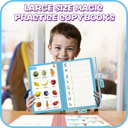 Vista 3 de Cuaderno de escritura de práctica mágica de gran tamaño mejorado para niños, cuaderno de copias reutilizable preescolar para niños de 3 a 8 años