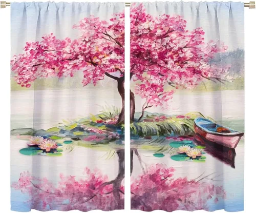 Vista 46 de Cortinas opacas con diseño floral de galaxia azul abstracta para dormitorio, cortinas de ventana de teñido anudado con diseño de flor de cerezo
