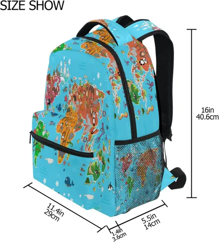 Vista 2 de AUUXVA Mochila escolar de 16 pulgadas con símbolo de animales con diseño de mapa del mundo para niños y niñas, mochila escolar de 16 pulgadas