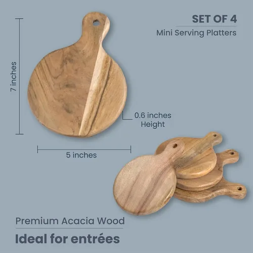 Vista 2 de The Fine Living Co. Juego de 4 platos pequeños para servir aperitivos, mini tablas redondas de embutidos, bandeja de madera pequeña de acacia, tabla