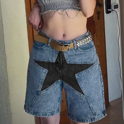 Vista 3 de Pantalones cortos de mezclilla de cintura alta para mujer, Y2K Grunge Patchwork Stars Baggy Straight Leg Jean Shorts Hip Hop Goth Streetwear