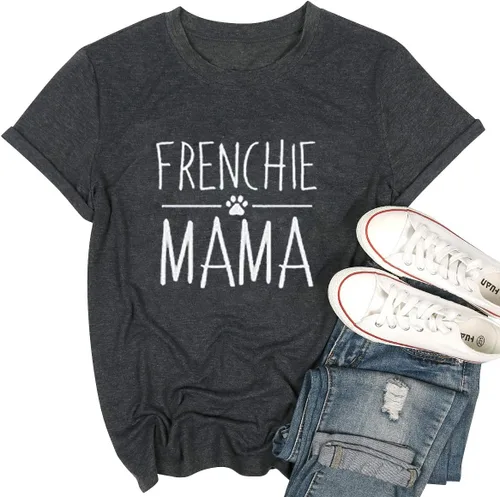 Vista 3 de Camiseta de manga corta con texto en inglés «Frenchie Mama», con estampado de letras para mujer, estilo casual