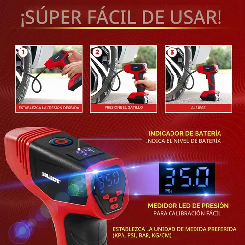 Vista 5 de BULLSEYE PRO - Inflador de neumáticos con manómetro, compacto y portátil, apagado automático, 150 PSI máximo, USB recargable para el hogar y cable