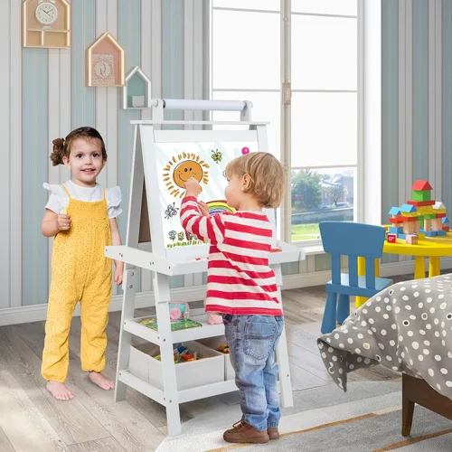 Vista 3 de Costzon Kids Art Easel, 3 in 1 Double-Sided Painting Easel w/Magnetic Whiteboard, Chalkboard & Paper Roll, 2-Tier Storage Rack & 2 Boxes, Standing