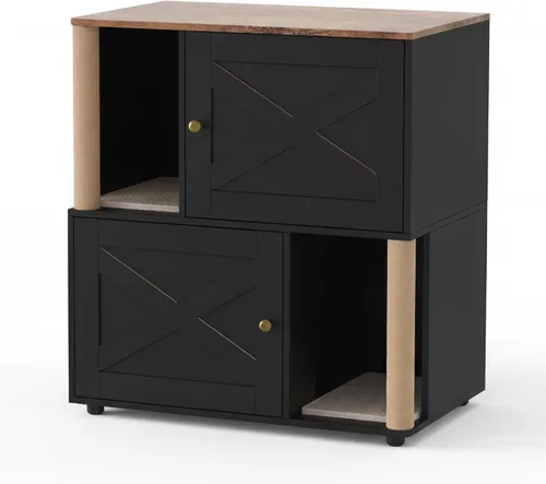 Vista 10 de CABIHOME Caja de arena doble para gatos con poste rascador, armario oculto 2 en 1 con tapete de arena, caja de arena grande para 2 gatos, color negro