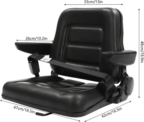 Vista 2 de Asiento de carretilla elevadora plegable universal con respaldo de ángulo ajustable, reposabrazos y cinturón de seguridad, asiento de carretilla