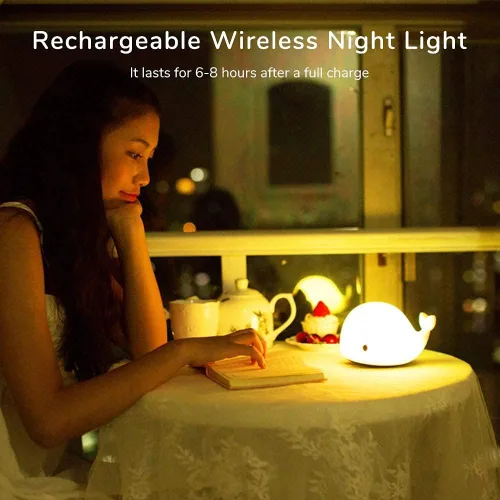 Vista 4 de OURRY Linda luz nocturna de ballena para niños, luz nocturna Kawaii para bebé con 7 colores LED cambiantes, control táctil, lámpara nocturna suave