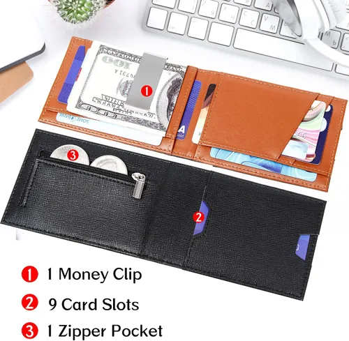Vista 2 de Cartera plegable para hombre con clip para dinero, bolsillo frontal minimalista de cuero con bloqueo RFID