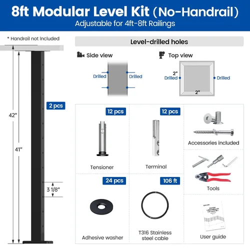 Vista 2 de Muzata Kit de barandilla de cable modular negro de 4 a 8 pies, kit de postes de 42 pulgadas, juego completo de sistema de barandilla de cable
