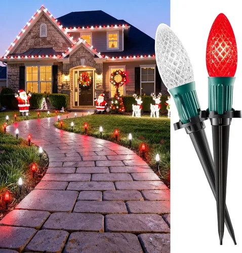 Vista 10 de Luces de cadena LED C9 de Navidad para exteriores, 26 pies, 20 luces LED de sendero de Navidad con 20 estacas de plástico, conectables e Rojo