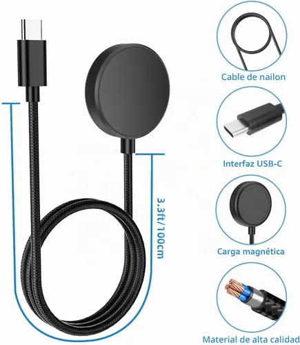 Vista 3 de Cargador USB C compatible con Samsung Galaxy Watch 7/6/6 Classic/5/5 Pro/4/4 Classic/3/Active 2, cable cargador de nailon Galaxy Watch