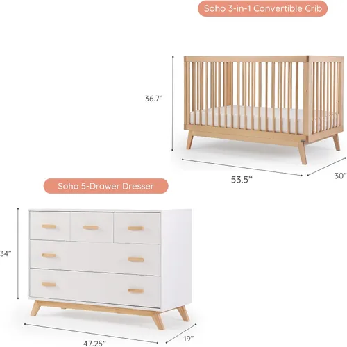 Vista 2 de dadada Soho - Juego de muebles para el cuarto del bebé, cuna y aparador combinado. Soho - Cuna convertible 3 en 1 y cómoda de guardería con 5 Blanco
