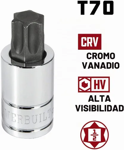 Vista 2 de Powerbuilt T-70 Star Bit Socket, unidad de 1/2 pulgada, Torx, marca de tamaño de alta visibilidad - 940363