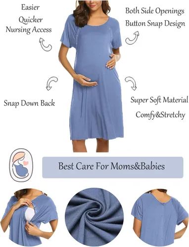 Vista 2 de Ekouaer - Camisón con botones y manga corta para mujer, vestido para lactancia, parto, hospital y maternidad, tallas S-XXL