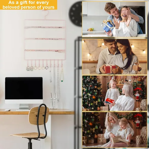 Vista 7 de Soporte organizador de joyas colgante, organizador de collar y aretes con 72 agujeros y 10 ganchos, hecho de hierro, adecuado para joyas, decoración