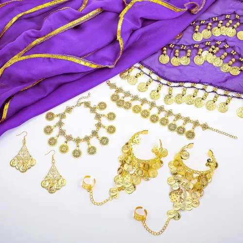 Vista 4 de Haysandy Conjunto de 8 piezas de danza del vientre para mujer, falda de danza del vientre, bufanda de cadera, 2 pulseras, aretes, pulsera de tobillo