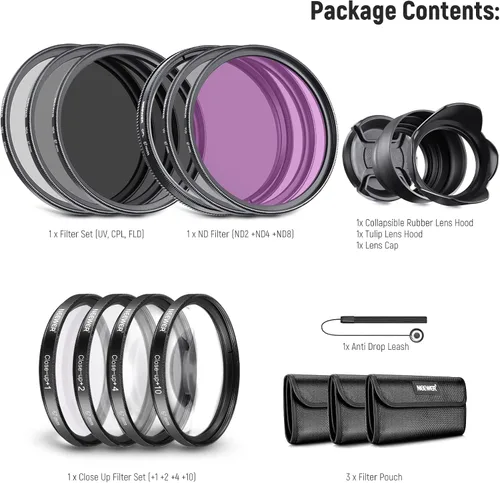 Vista 8 de Neewer® Kit completo de accesorios de filtro de lente de 2.638 in para lentes con 2.638 in Tamaño del filtro: Juego de filtros UV CPL FLD + Juego