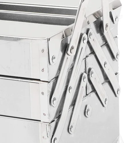 Vista 8 de Caja de herramientas de metal, caja de almacenamiento plegable portátil de acero inoxidable, 3 capas y 5 bandejas, organizador de herramientas