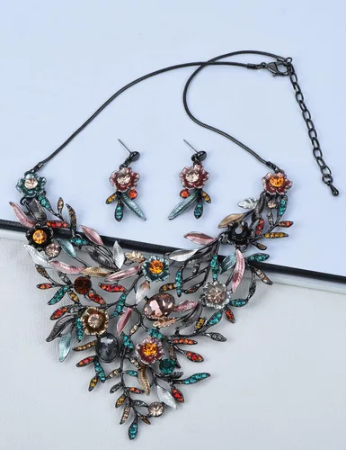 Vista 5 de Fenni Jewelry Vintage - Juego de collar y aretes para mujer, diseño de flores, esmaltado, estilo babero, para boda, novia, baile de graduación