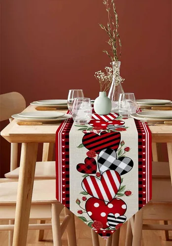Vista 7 de Camino de mesa de corazón de amor para el día de San Valentín, camino de mesa de arpillera antideslizante, decoración retro de lino para casa