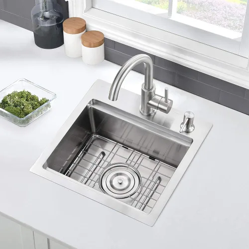 Vista 9 de Fregadero de barra de 15 pulgadas para estación de trabajo, fregadero de cocina pequeño de 15 x 15 pulgadas, montaje superior, calibre 16