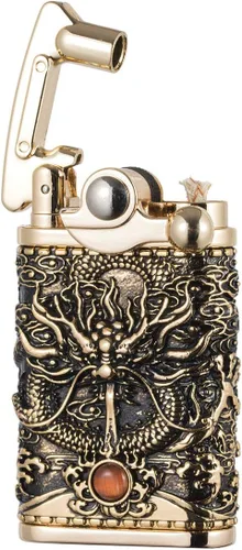 Vista 2 de Dragón chino Tipo antiguo Llama suave balancín brazo queroseno encendedor (dorado)
