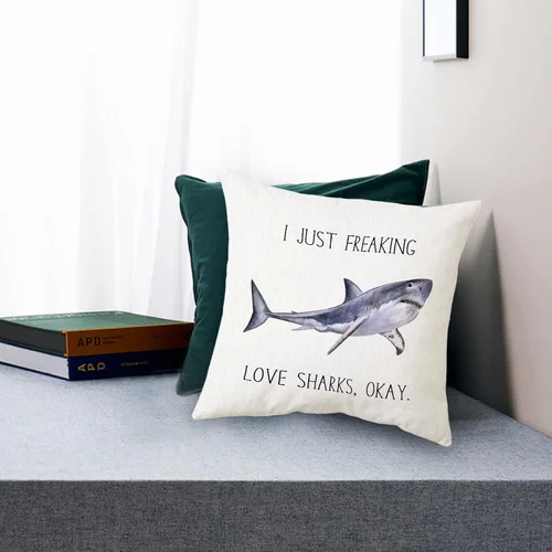 Vista 2 de Sidhua Funda de almohada con temática de animales del océano para el hogar, funda de almohada con texto en inglés "I Just Freaking Love Sharks