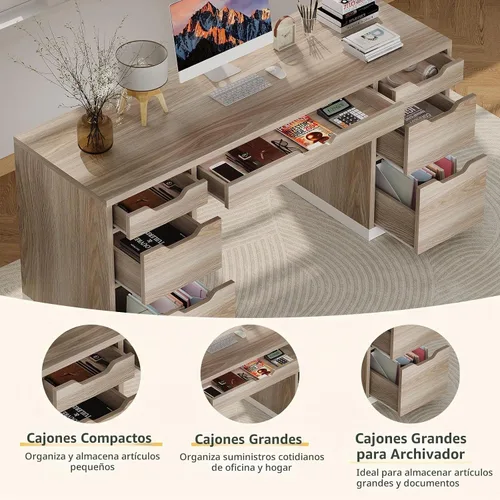 Vista 4 de MaverickFurni - Escritorio de computadora con cajones de almacenamiento, escritorio ejecutivo de 54 pulgadas con 7 cajones para dormitorio