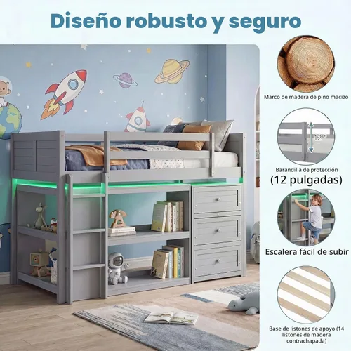 Vista 7 de KOMFOTT Twin Low Loft Bed with LED Lights, Modern Loft Bed (Grey)