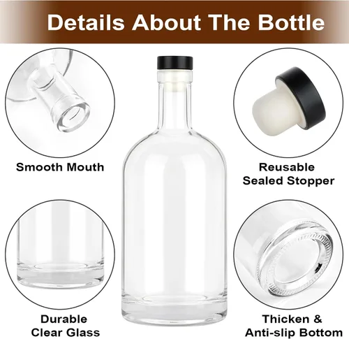 Vista 3 de GUANENA Paquete de 3 botellas de vidrio transparente de 33 onzas con tapas de corcho, botellas de licor de 33.8 fl oz Base pesada, botellas