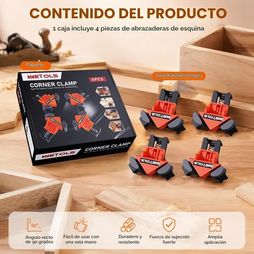 Vista 7 de WETOLS Abrazadera de esquina para carpintería, abrazadera de ángulo recto de 90 grados, abrazaderas de madera, 4 abrazaderas de carpintería
