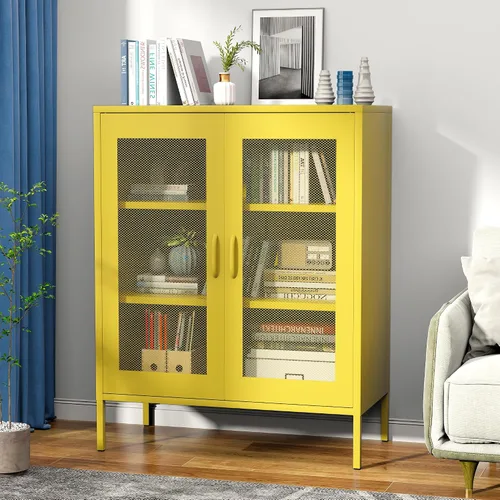 Vista 76 de Gabinete de almacenamiento de metal ancho negro, gabinete de acento de 2 puertas para el hogar y la oficina, gabinete de metal bajo de 2 niveles