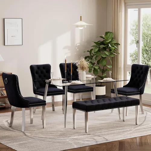 Vista 9 de Baysitone Juego de mesa de comedor de cristal de 51 pulgadas para 4, juego de 5 piezas de comedor moderno, mesa de cocina rectangular de vidrio